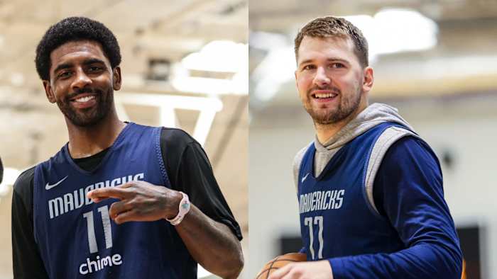 Kyrie Irving and Luka Doncic enjoying Dallas Mavericks training camp.
